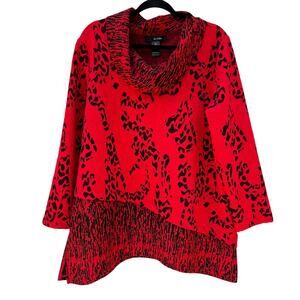 Ali Miles Red Black Print Asymmetrical Long Sleeve Cowl Neck Tunic Blouse Sz XL
